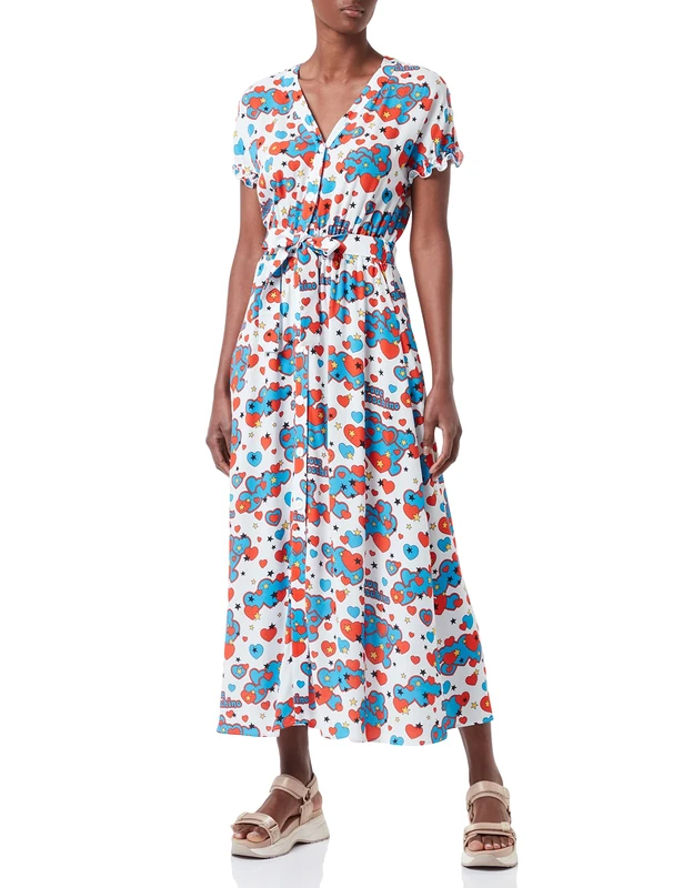 Love Moschino Women's Short Sleeves Long Chemisier Dress, White RED Blue Yellow Black, 46