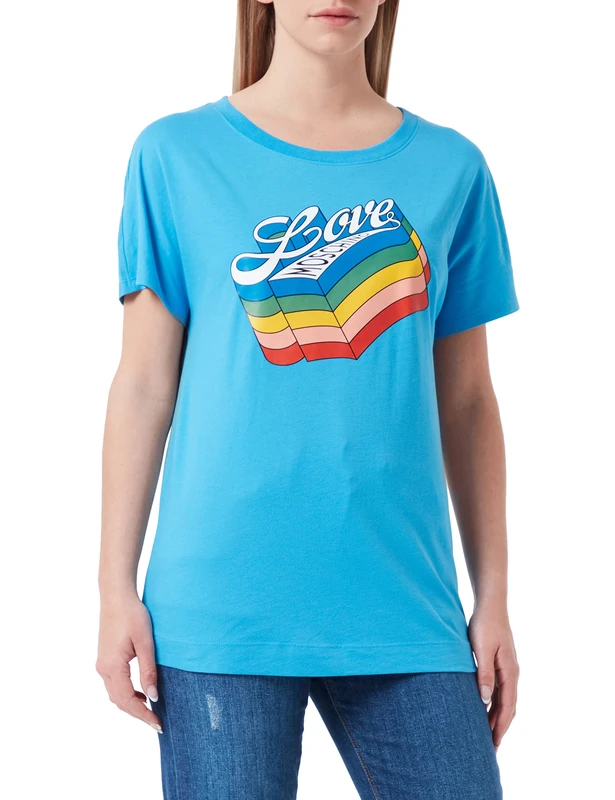 Love Moschino Womens Cotton Jersey with Logo Rainbow Print T-Shirt, Light Blue, 48 - Image 1