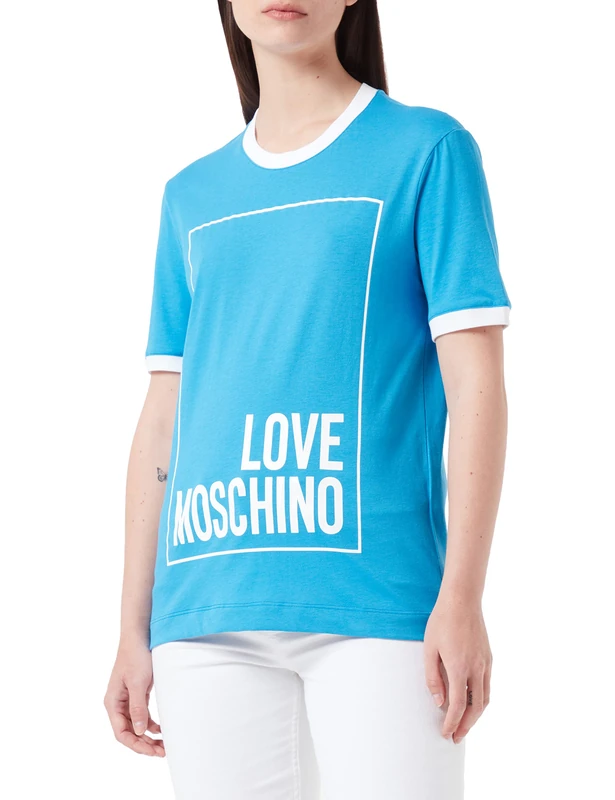 Love Moschino Women's Cotton Jersey with Logo Box Print T-Shirt, Blue White, 40
