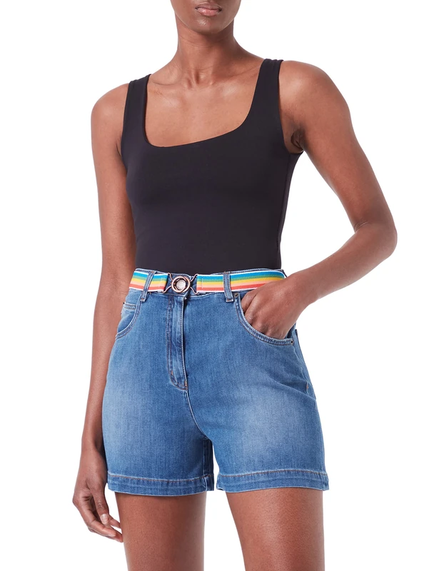 Love Moschino Women's high Waist in Light Linen-Tencel Blend Rainbow Elastic Belt Casual Shorts, Blue Denim, 48
