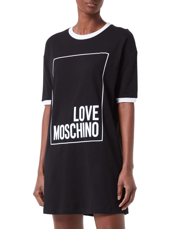 Love Moschino Women's Logo Box Print and Color Contrast Ribs. Dress, Black White, 40