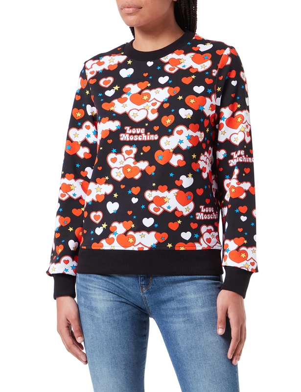 Love Moschino Women's Allover Love Hearts and Stars. Sweatshirt, Black and Multicolor, 48