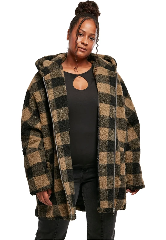 Urban Classics Women's Ladies Hooded Oversized Check Sherpa Jacket, softtaupe/Black, 4XL - Image 1