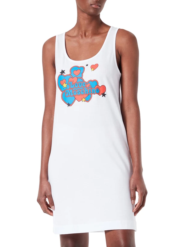 Love Moschino Women's Hearts and Stars Print. Dress, Optical White, 42