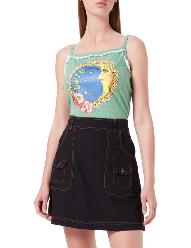 Love Moschino Women's Fancy Cotton-Linen Blend with Embroidery and Small Patch Pockets Skirt, Black, 40