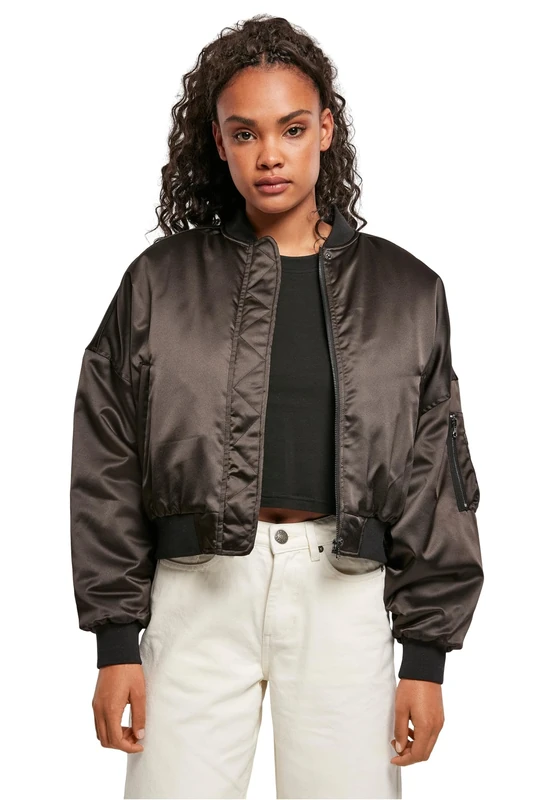 Urban Classics Women's Ladies Short Oversized Satin Bomber Jacket Jacket, Black, XXL