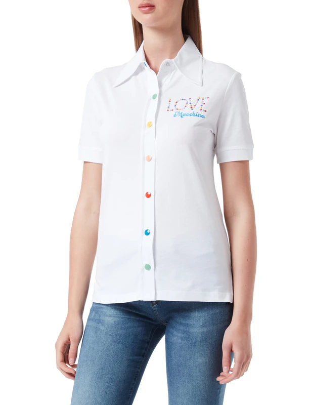 Love Moschino Women's with Short Sleeves in Cotton Jersey with Multicolor snap Buttons Shirt, Optical White, 38 - Image 1