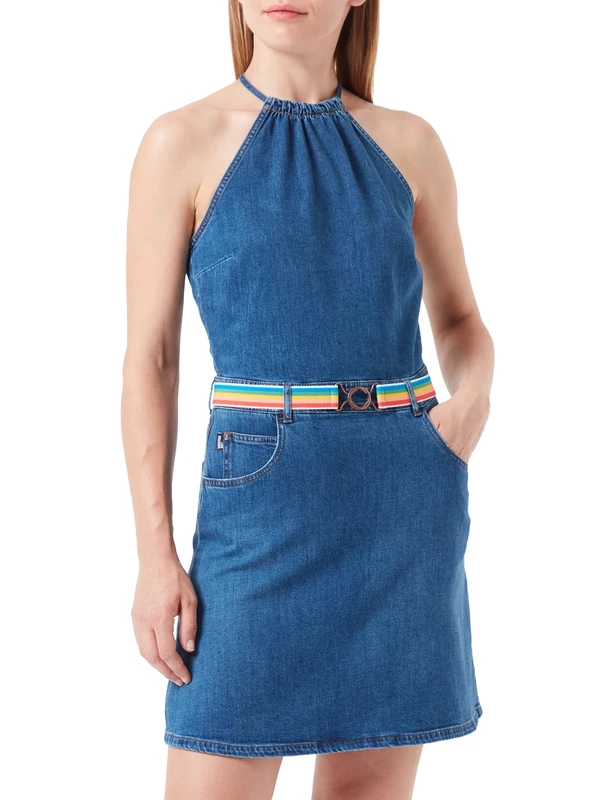 Love Moschino Women's Dress with self Fabric Straps and Flared Skirt, Medium Blue Demin, 44