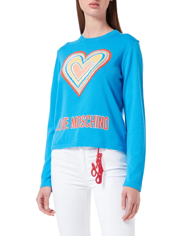 Love Moschino Women's Maxi Multicolor Heart and istitutional Logo Intarsia. Sweater, Light Blue, 46