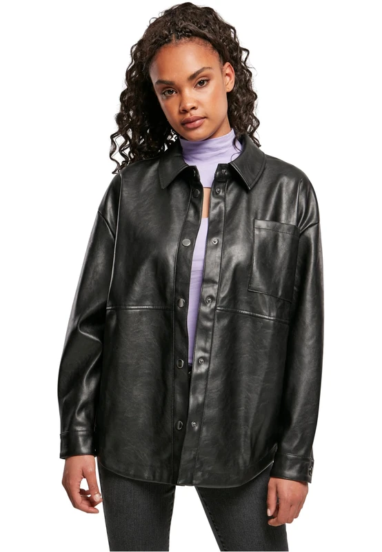 Urban Classics Women's Ladies Faux Leather Overshirt Shirt, Black, 4XL
