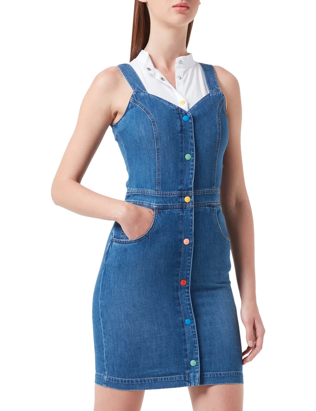 Love Moschino Women's Dress Denim with Multicolor snap Buttons, Medium Blue Demin, 42