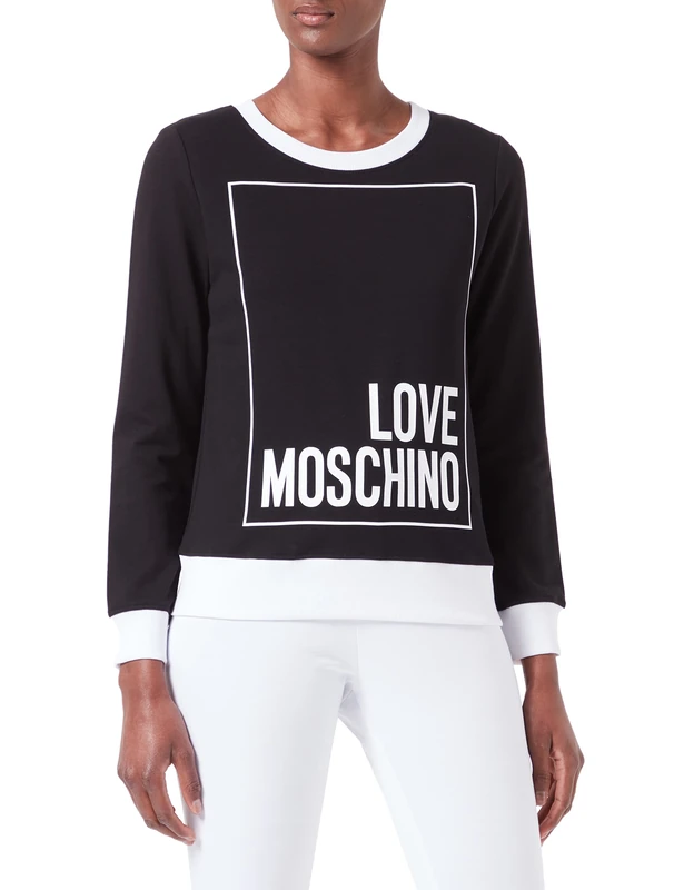Love Moschino womens Logo Box print and color contrast ribs Sweatshirt, BLACK WHITE, 40