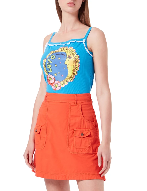 Love Moschino Women's Fancy Cotton-Linen Blend with Embroidery and Small Patch Pockets Skirt, Orange, 42