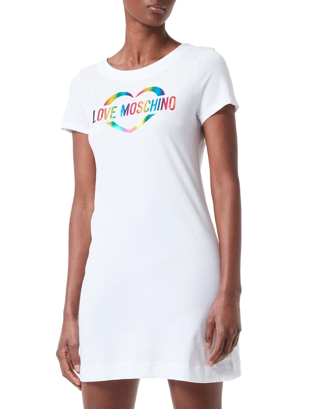 Love Moschino Womens Heart Multicolor foil Print. Dress, Optical White, 48