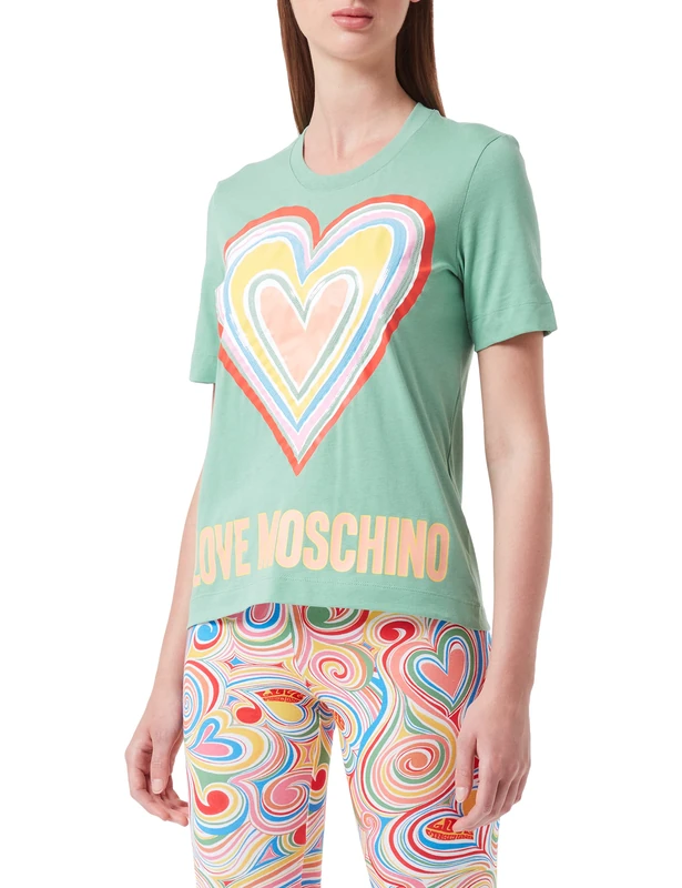 Love Moschino Women's Regular fit in Cotton Jersey with Maxi Multicolor Heart T-Shirt, Green, 46