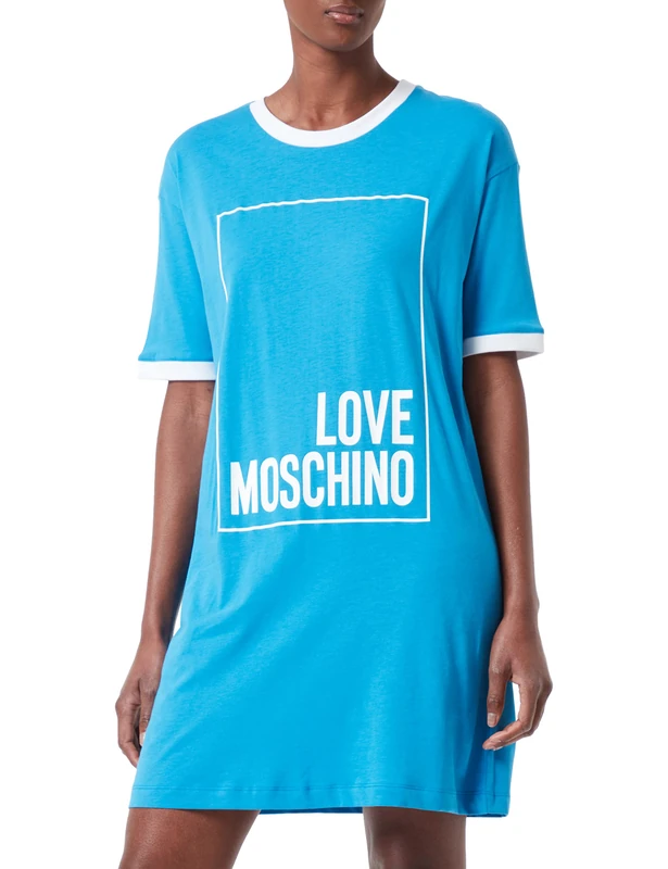 Love Moschino Women's Logo Box Print and Color Contrast Ribs. Dress, Blue White, 38