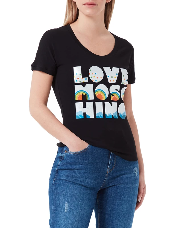 Love Moschino Womens Cotton Jersey with deep Round Neck and Panel Only Good Vibes LM T-Shirt, Black, 40