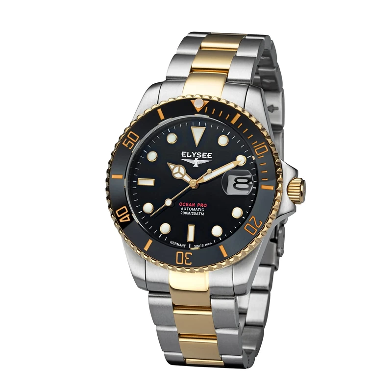 Elysee Ocean PRO Ceramic Men's Watch 40 mm 20 ATM Men's Luminescent Hands and Indices, Date Display 80581, 80582, 80583, 80584, 80585, 80586, 80588, 80589, Silver-Gold-Black, Bracelet