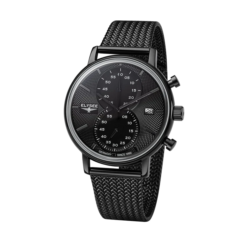 Elysee Minos 42 Men's Watch Leather 5 ATM Sapphire Coated Men's Black Stainless Steel, Black, Modern