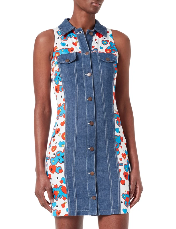 Love Moschino Women's Allover Hearts and Stars Printed Dress, Dark Blue Denim, 38