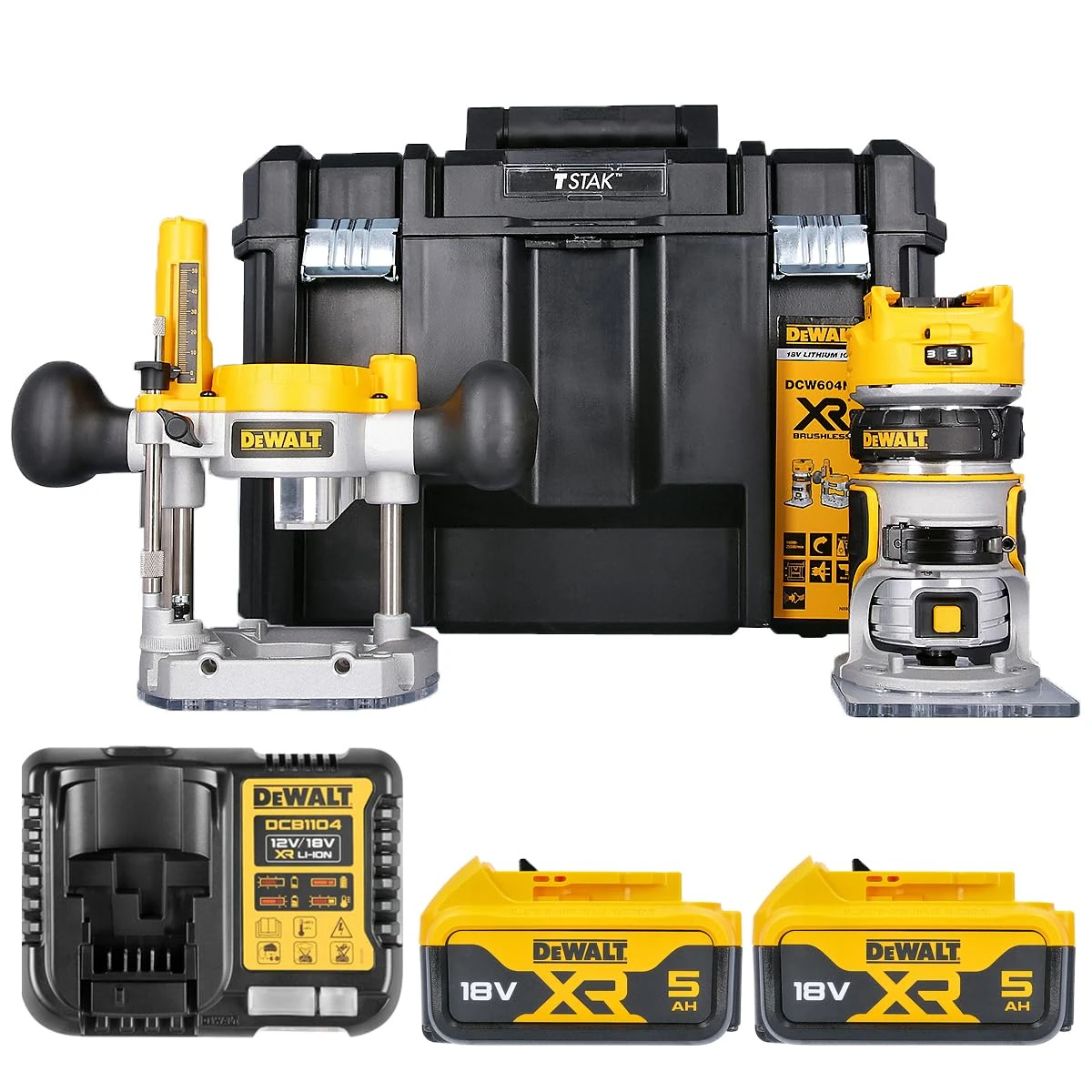 DeWalt DCW604NT 18V Brushless Router Trimmer with 2 x 5.0Ah Batteries & Charger in T-Stak Case