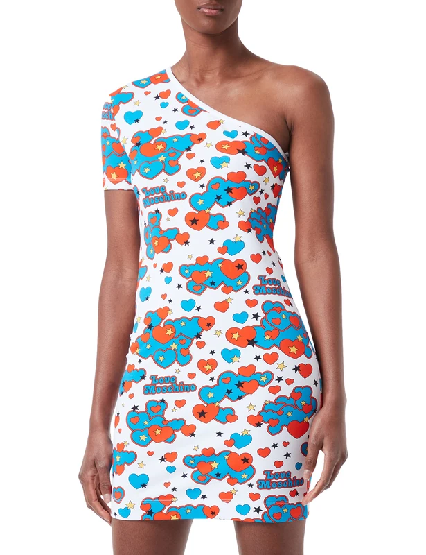 Love Moschino Womens Stretch Cotton Fleece Allover Dress, White RED Blue Yellow Black, 44