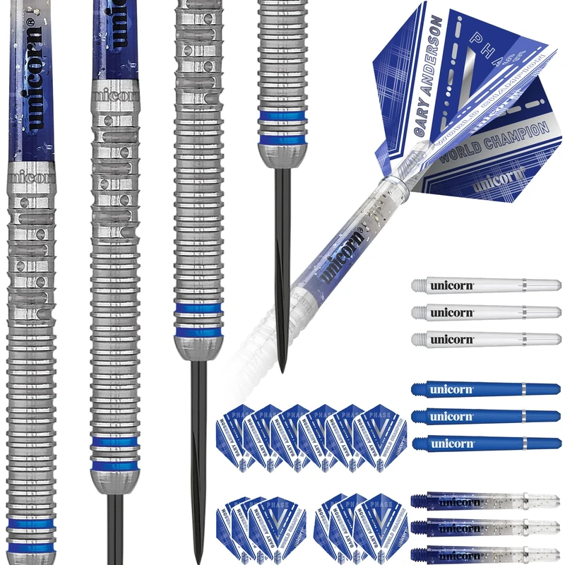 Unicorn Steel Tip Darts Set | Gary 'The Flying Scotsman' Anderson Phase 5 World Champion | 90% Natural Tungsten Barrels with Blue Accents | 22 g