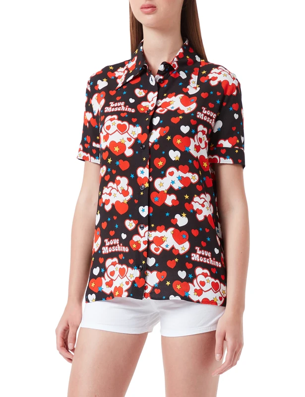 Love Moschino Women's Short Sleeves Boxy fit in Fancy Fluid 100% Viscose Shirt, Black RED White Blue Yellow, 38