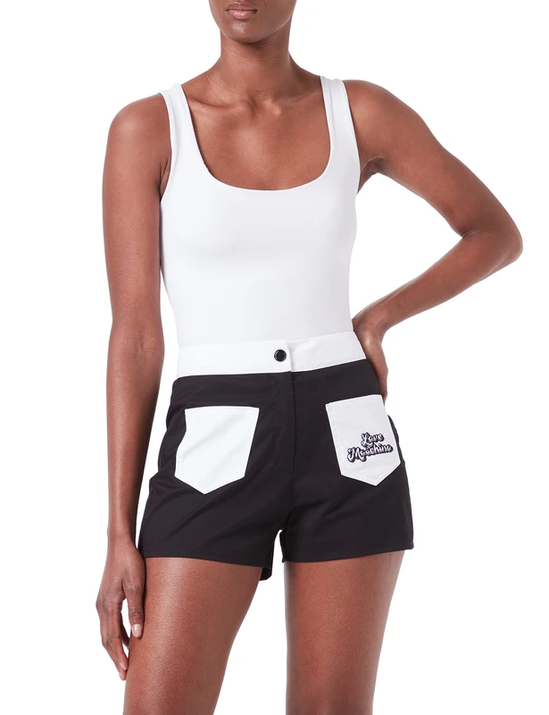 Love Moschino Women's high Waist in Cotton-Nylon Twill with Contrasting Colour Details Casual Shorts, Black White, 46