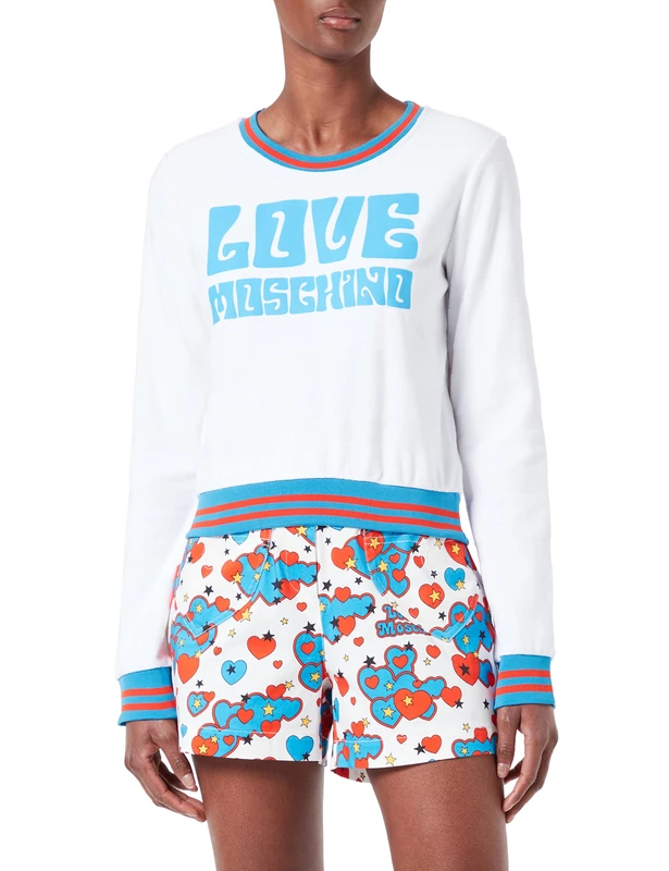 Love Moschino Women's Love 70s Print and Bicolor Knitted Ribs Sweatshirt, Optical White, 38
