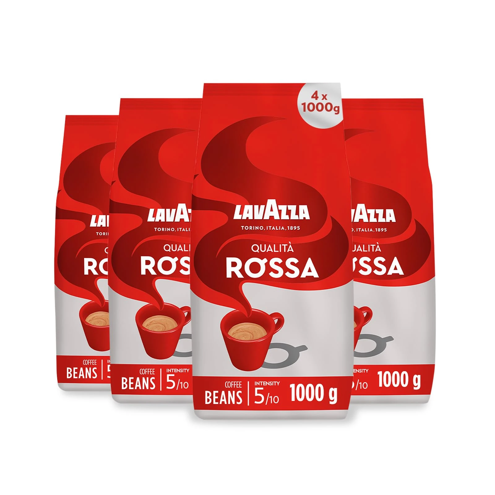 Lavazza, Qualità Rossa, Coffee Beans, 4 Packets of 1 kg, with Aromatic Notes of Chocolate and Dried Fruit, Arabica and Robusta, Intensity 5/10, Medium Roast