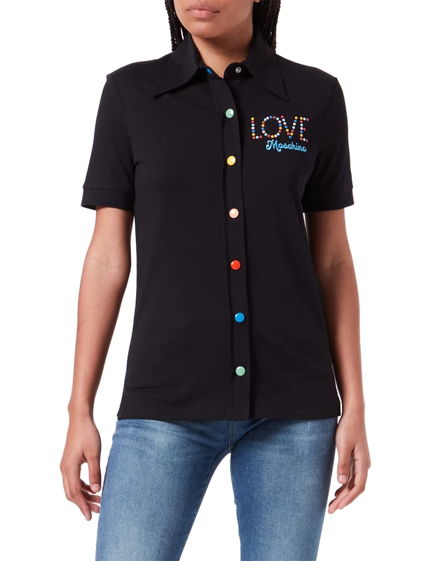 Love Moschino Women's with Short Sleeves in Cotton Jersey with Multicolor snap Buttons Polo Shirt, Black, 42
