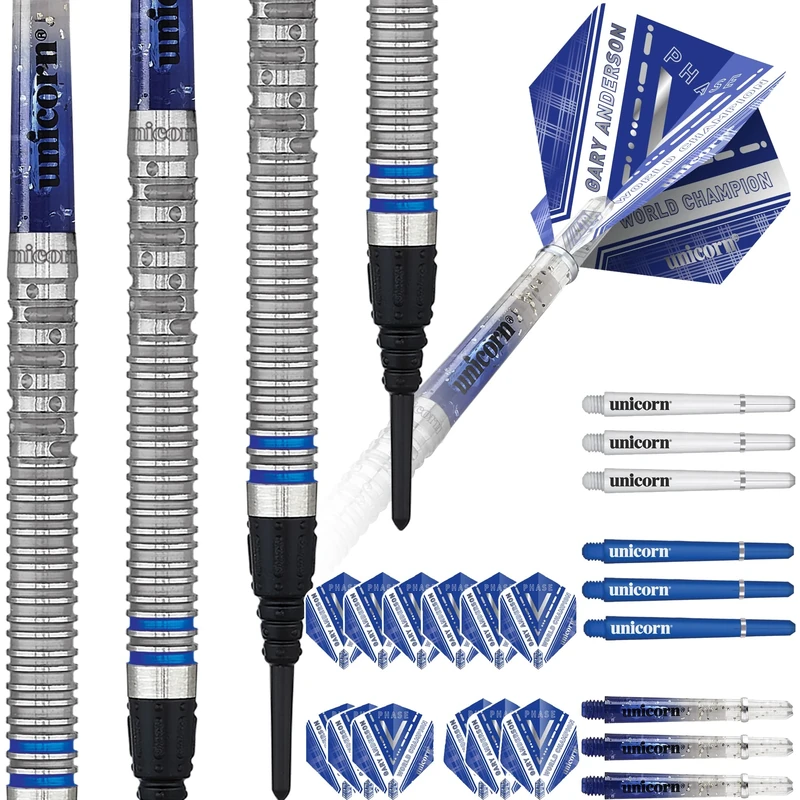 Unicorn Soft Tip Darts Set | Gary 'The Flying Scotsman' Anderson Phase 5 World Champion | 70% Natural Tungsten Barrels with Blue Accents | 18 g