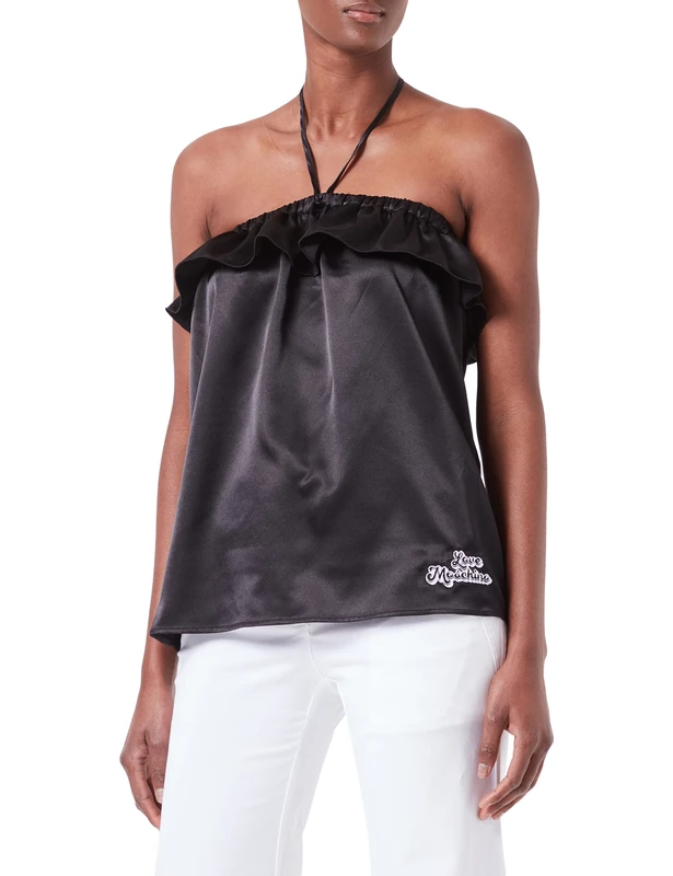 Love Moschino Women's self Fabric Laces in Stretch Satin T-Shirt, Black, 46