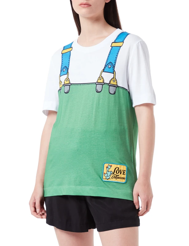 Love Moschino Women's Regular fit Cotton Jersey with Suspenders Panel Print T-Shirt, Optical White, M