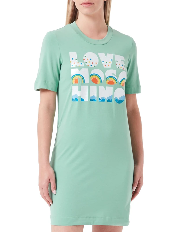Love Moschino Women's Regular T-Shape Dress with Short Sleeves, Green, 48