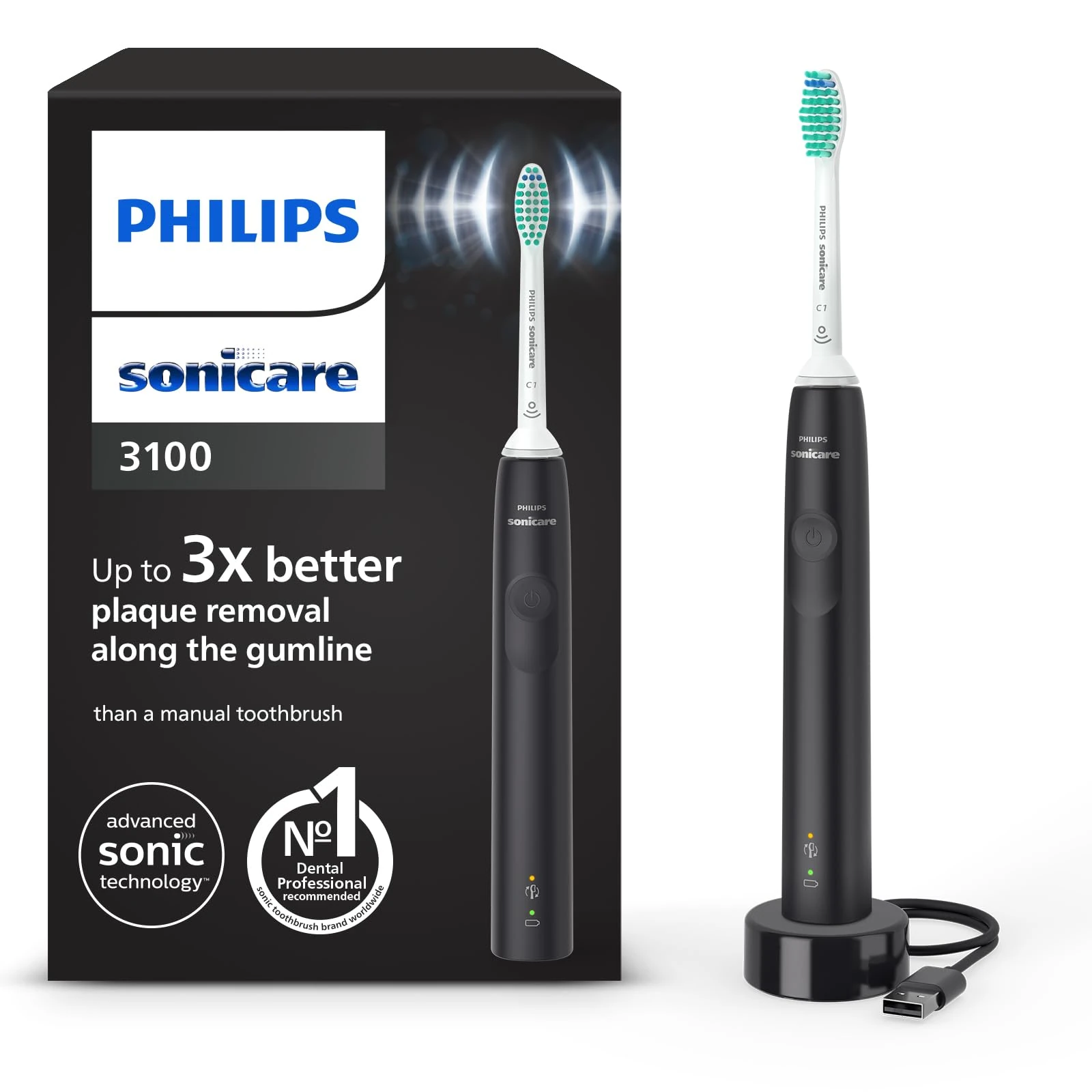 Philips Sonicare 3100 Series Electric Toothbrush, Sonic Toothbrush, Pressure Sensor and Timer, Black, HX3671/14