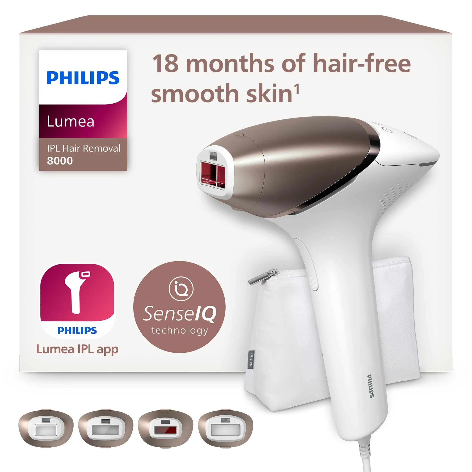 Philips Lumea 8000 Series, IPL Hair Removal Device, Laser Hair Removal Alternative, SenseIQ Technology, 4 Attachments for Body, Face, Bikini and Underarms, Model BRI948/00