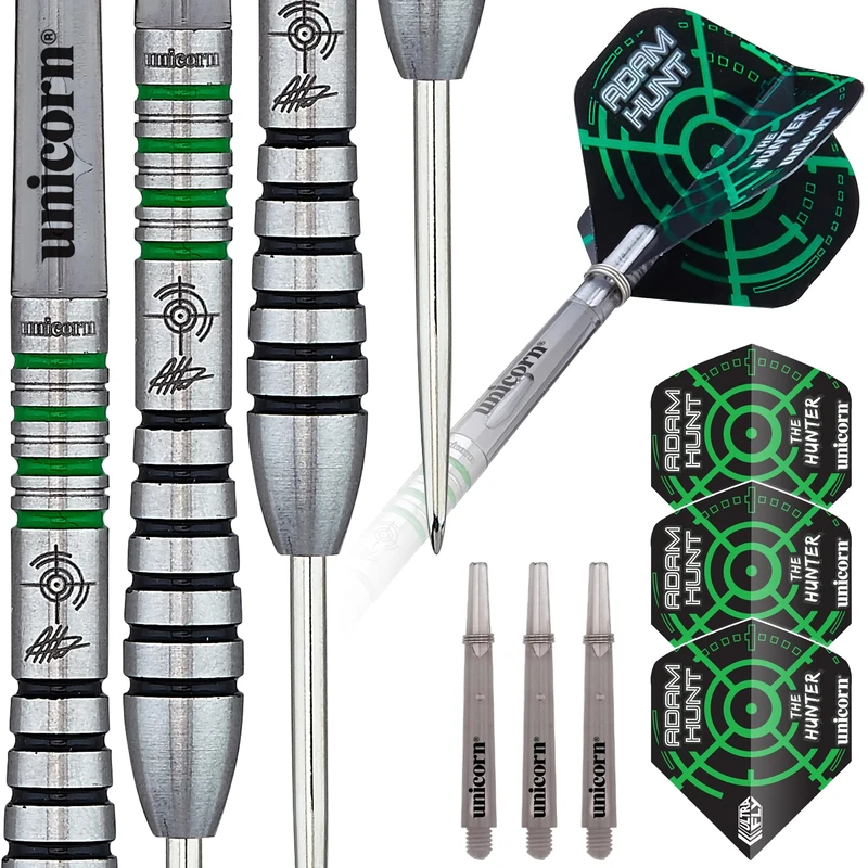 Unicorn Steel Tip Darts Set | Adam 'The Hunter' Hunt Contender | 90% Natural Tungsten Barrels with Green Accents | Gripper 3 Shafts | 23 g