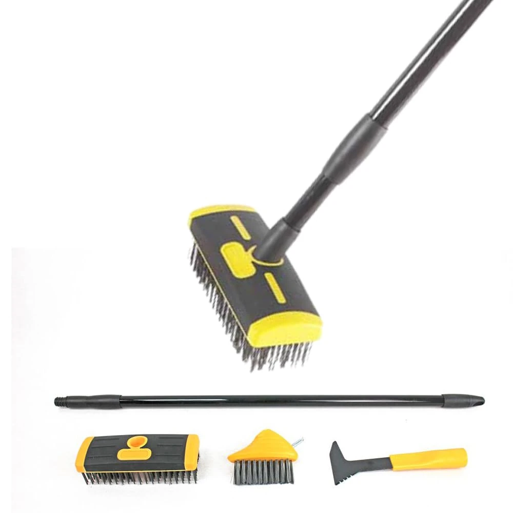 Easylife 4-in-1 Paving & Patio Cleaner with V-Shaped Scraper, Telescopic Wire Broom Deck Cleaner Removes Weeds, Grass, Moss and Dirt, Long Handled Wire Brush Extends 80-140cm - Fully Guaranteed