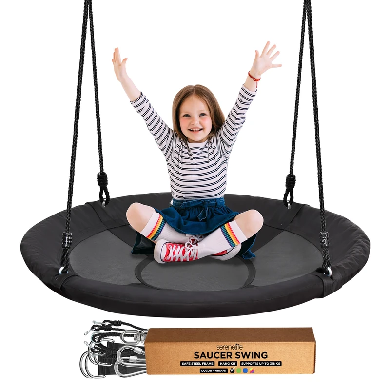 SereneLife Tree Swing Seat, Large Round Saucer Kids Swings, Adults and Kids Nest Swing, Durable Frame, 270kg Capacity, Indoor Outdoor Hanging Rope Swinging Seat for Backyard, Garden and More – Black
