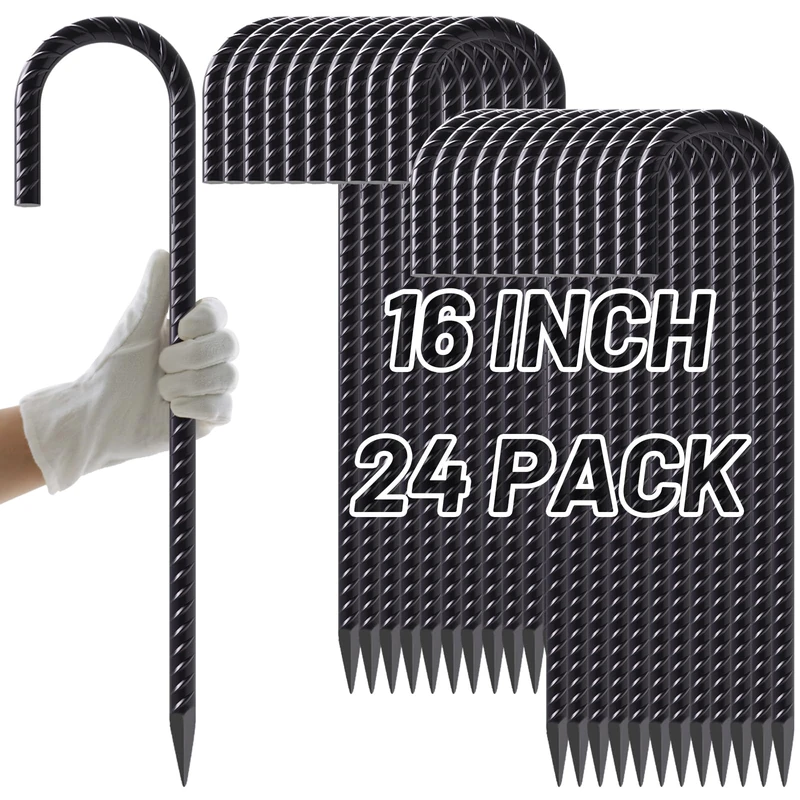 AAGUT 16” Rebar Stakes Heavy Duty J Hook 24 Pcs Ground Anchors Black Steel Metal Garden Stake Yard Spikes for Camping Tent, Dog Dig Defence, Chain Link Fence