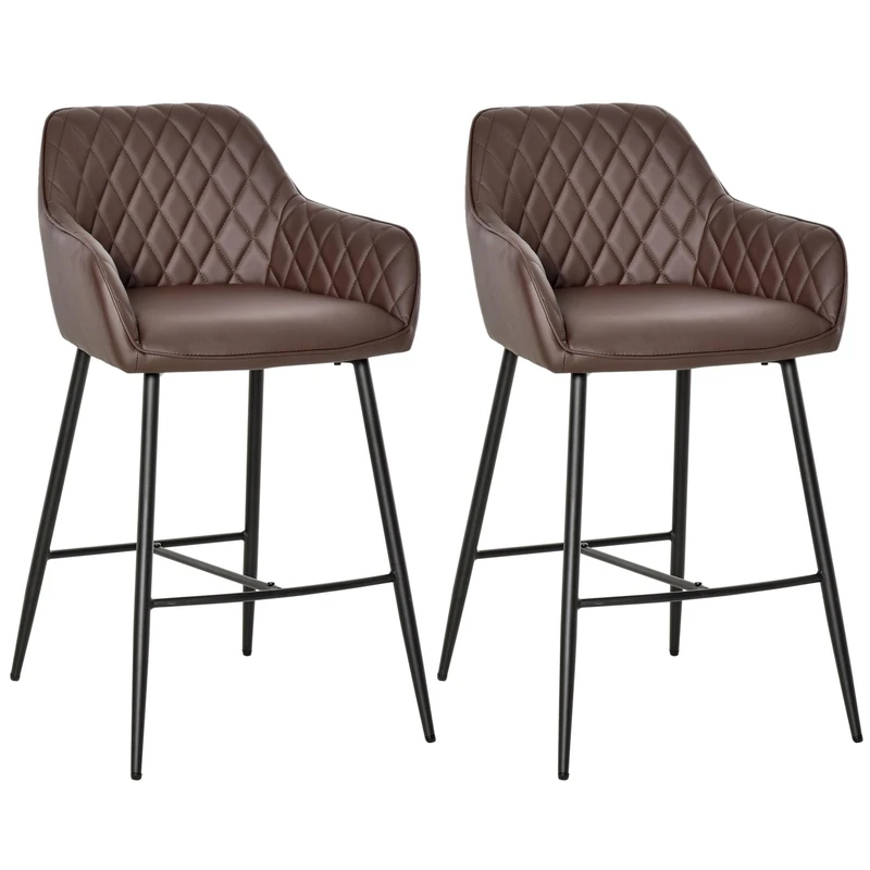 HOMCOM Set of 2 Bar stools Retro PU Leather Bar Chairs w/Footrest Metal Frame Comfort Support Stylish Dining Seating Home Brown