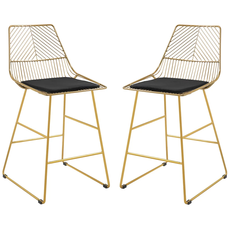HOMCOM Set of 2 Bar Stools, Modern Counter Height Breakfast Bar Chairs with Wire Metal Frame for Kitchen, Dining Room, Gold