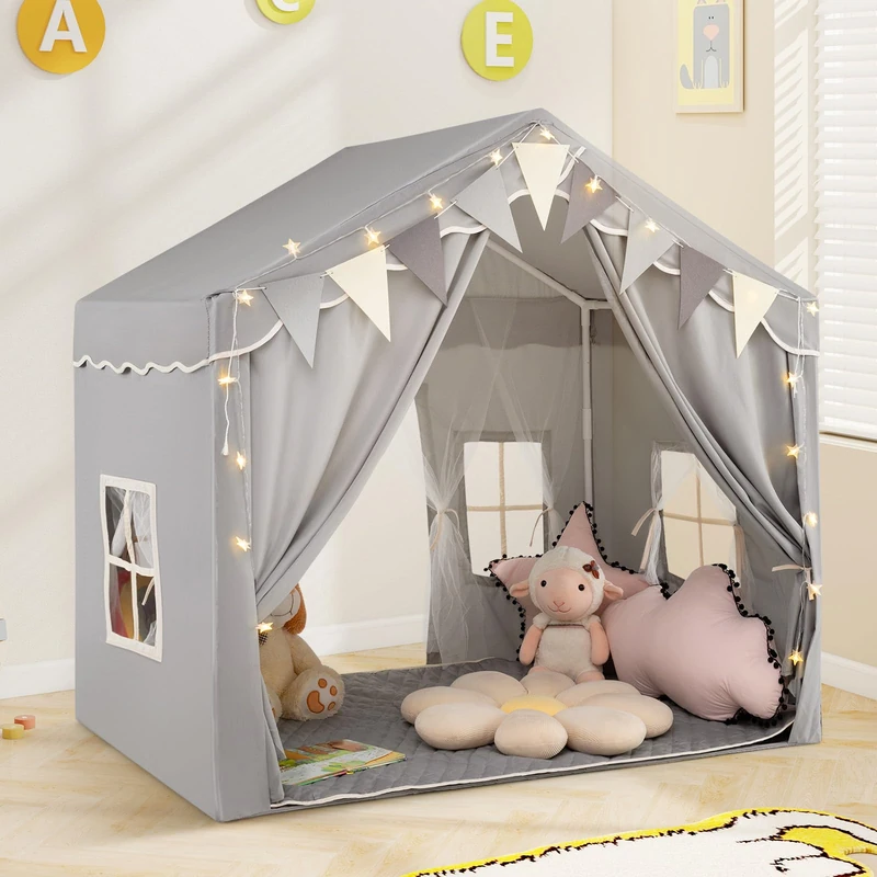 GYMAX Large Kids Tent, Play Tent with Cotton Mat, Star Lights, Flags, 2 Doors and Windows, Outdoor Indoor Children Playhouse for 3 Years Old+, 136x94x134cm