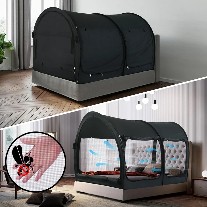 Alvantor Bed Canopy Dream Tents Privacy Space Twin Size Sleeping Tents Indoor Pop Up Portable Frame Curtains Breathable Gray Cottage (Mattress Not Included) Light & Air Ventilation