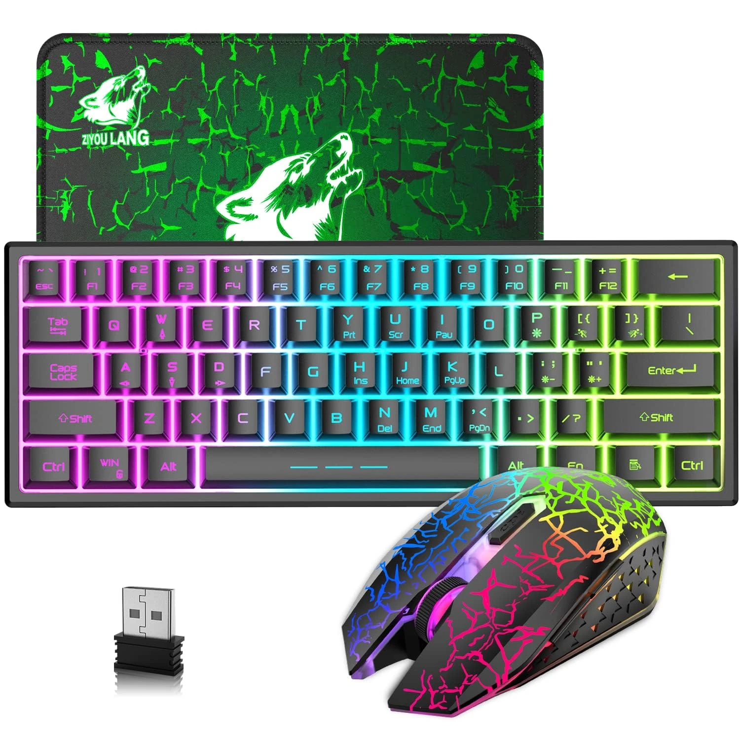 60% Compact Wireless Gaming Keyboard and Mouse Set, 3800mAh Type-c Rechargeable RGB Rainbow Light up Keyboard Mechanical Feel Breathing Backlight Light Mouse Green Mouse Pad for PC Laptop Gamer