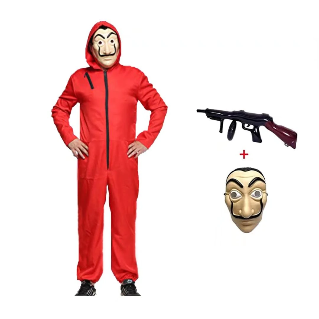Halloween Bank Robber Jumpsuit for Carnival Thief Costume - Red Long Sleeve Romper With Hood, Cosplay Set Mask and Machine Gun (Adult-L--175-180)