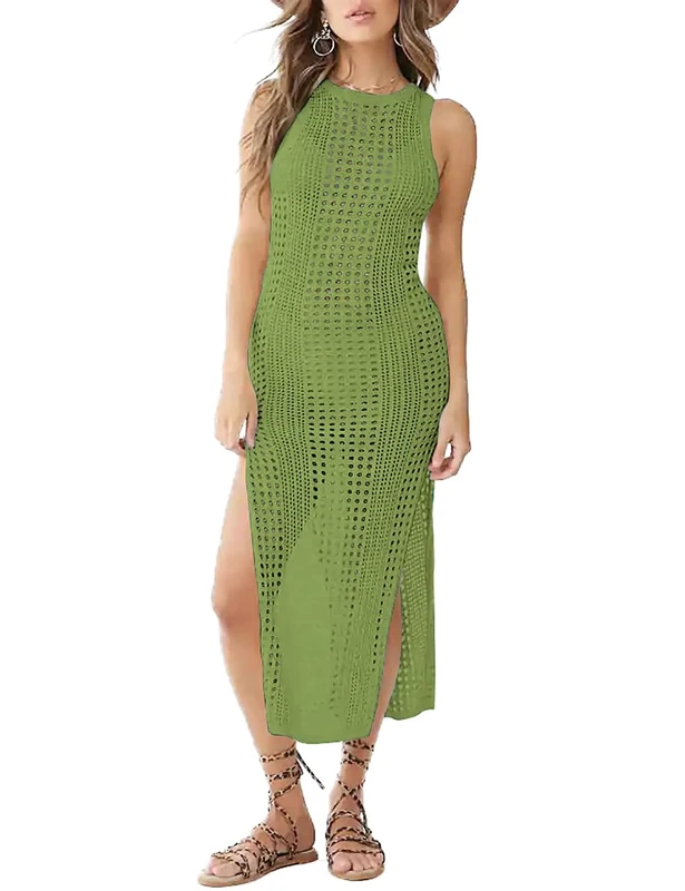 Bsubseach Crochet Cover Up for Women Hollow Out Sleeveless Bikini Swimsuit Coverup Swimwear Side Split Beach Dress Army Green