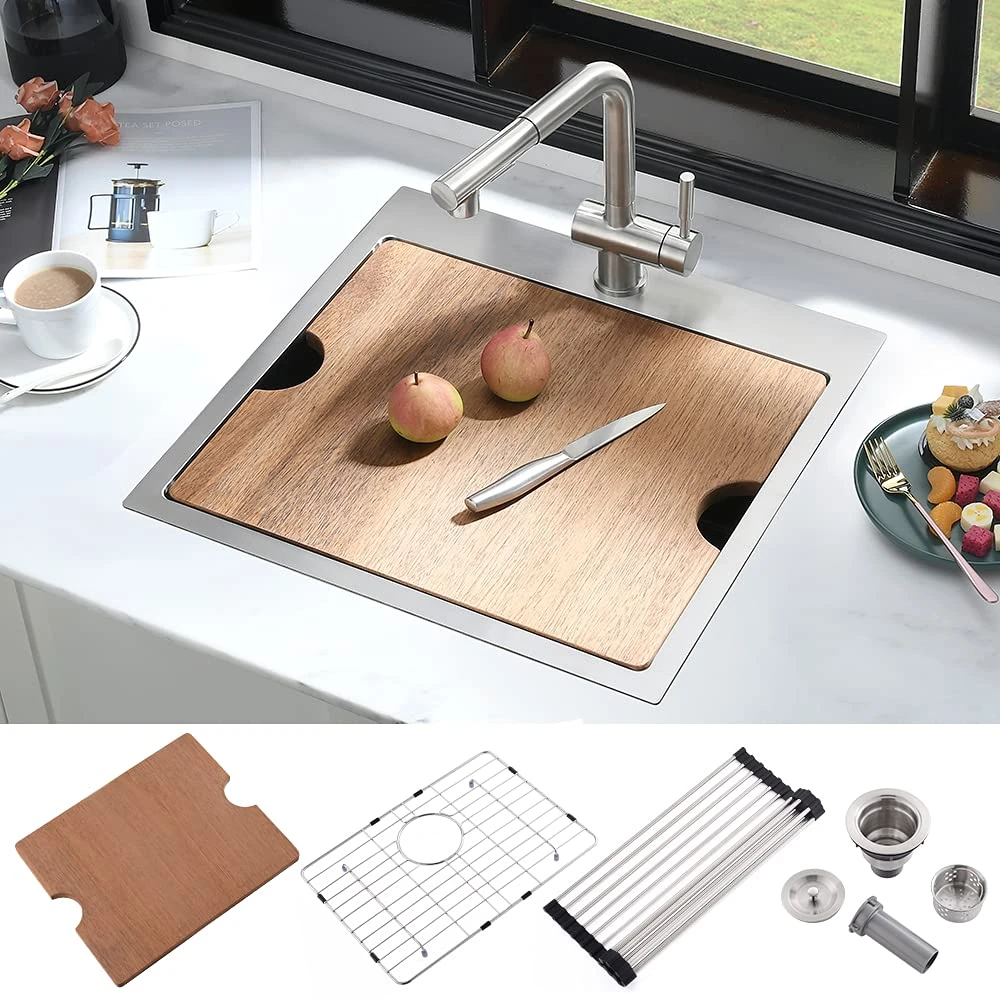 21 Inch Small Bar Sink Drop In Workstation-iAnonla 21x20 Kitchen Sinks Drop In Bar Prep Sink Stainless Steel Small Kitchen Sinks 16 Gauge Single Bowl with Cutting Board